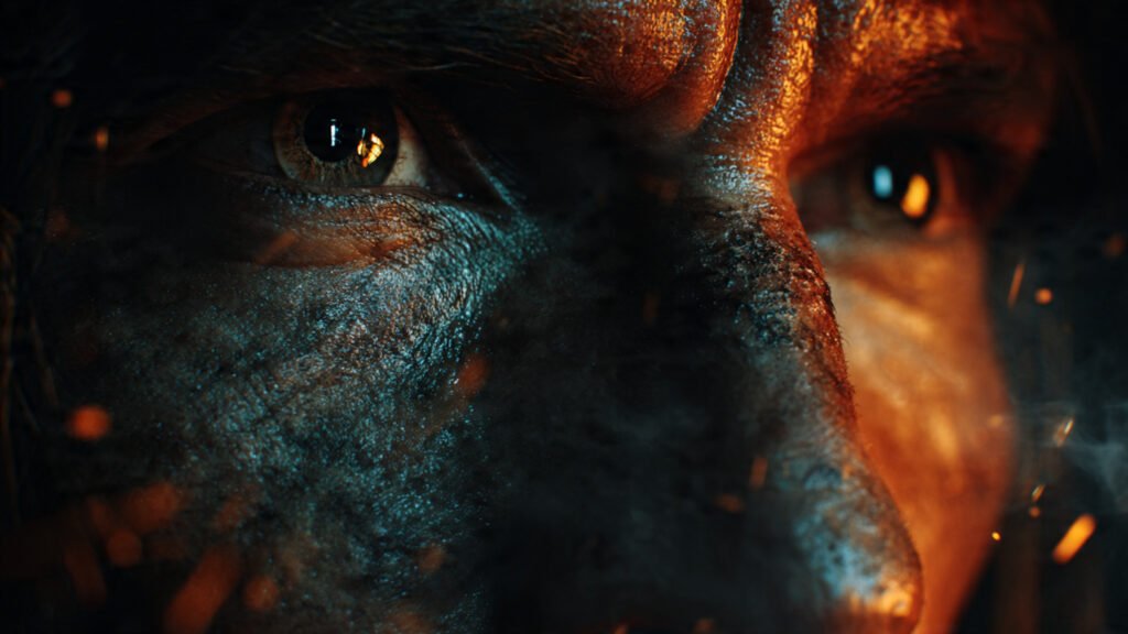 Explore Sounds close up of a shaman face with glowing eyes in dar (2)